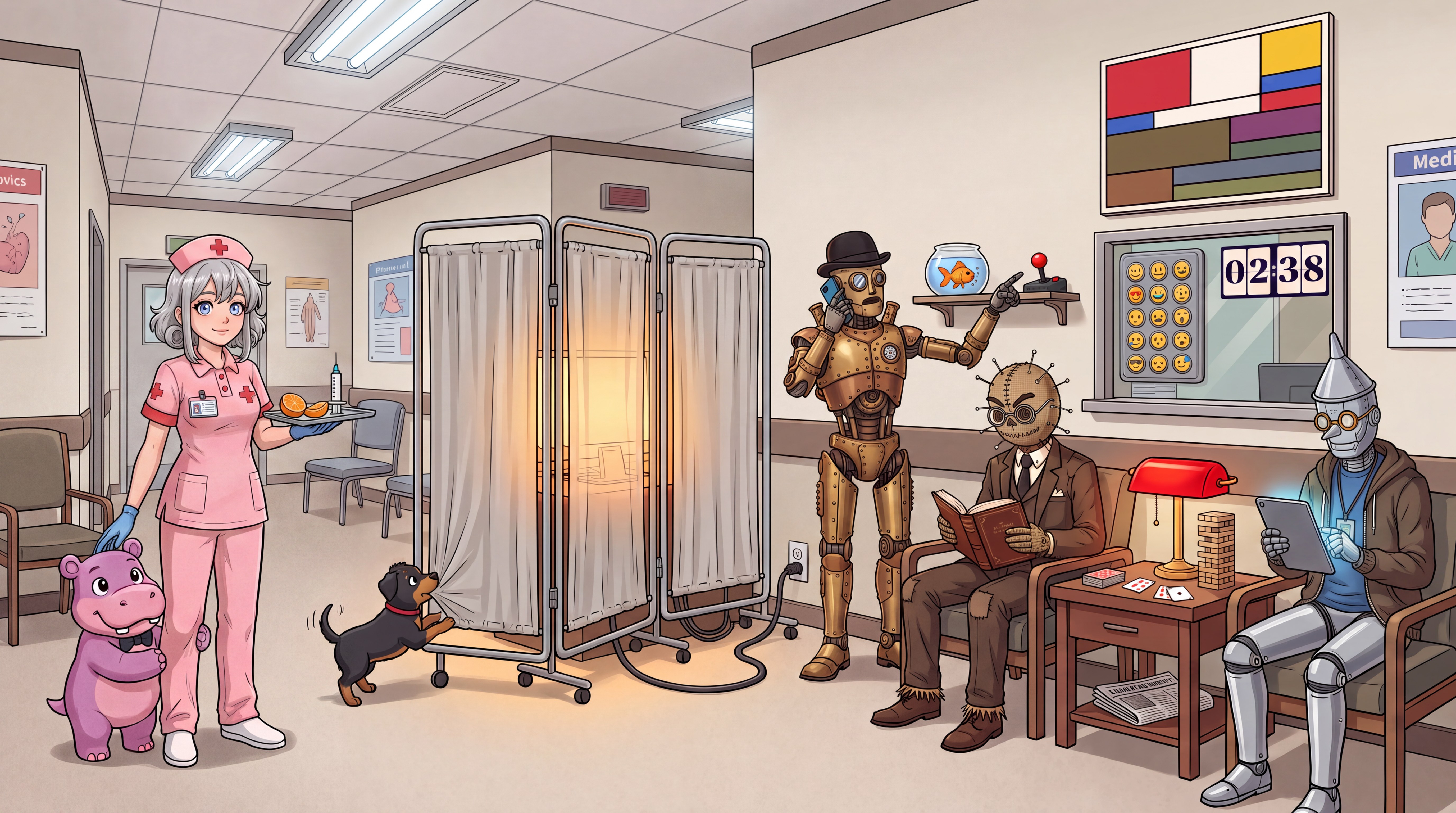 A hospital waiting room. A nurse with a pet hippo carries a tray with a sliced orange and a syringe. A little black dog tugs open a folding privacy screen; behind it, a warm glow and a power cable running to the wall — no man, just the machine. A brass robot gentleman on a flip phone points at a goldfish eyeing an arcade joystick. A burlap scarecrow reads a leather book beside a tin man in a hoodie reading a glowing tablet. A red banker's lamp, a jenga tower and playing cards wait on the table. An emoji keypad and a flip clock sit in the reception window under a Mondrian whose lower half has gone the wrong colors.